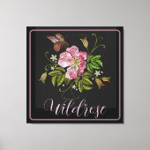 Elegant Floral Embroidery Pattern Black Background Canvas Afdruk (Voorkant)