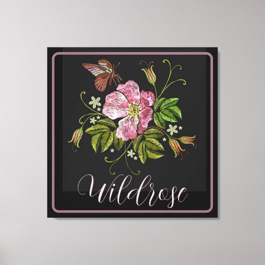 Elegant Floral Embroidery Pattern Black Background Canvas Afdruk (Voorkant)