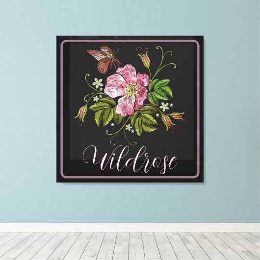 Elegant Floral Embroidery Pattern Black Background Canvas Afdruk (Insitu (Houten vloer))