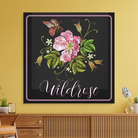 Elegant Floral Embroidery Pattern Black Background Canvas Afdruk (Insitu (Woonkamer))