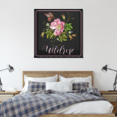 Elegant Floral Embroidery Pattern Black Background Canvas Afdruk (Insitu (Slaapkamer))