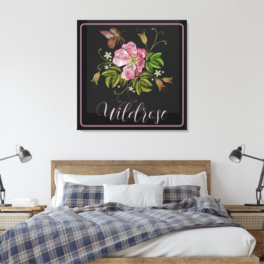 Elegant Floral Embroidery Pattern Black Background Canvas Afdruk (Insitu (Slaapkamer))