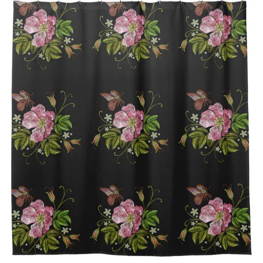 Elegant Floral Embroidery Pattern Black Background Douchegordijn (Voorkant)