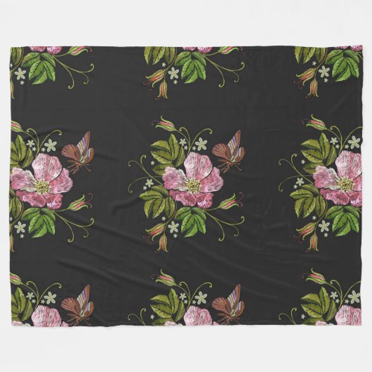 Elegant Floral Embroidery Pattern Black Background Fleece Deken (Voorkant (Horizontaal))