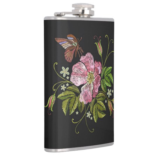 Elegant Floral Embroidery Pattern Black Background Heupfles (Rechts)