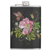 Elegant Floral Embroidery Pattern Black Background Heupfles (Voorkant)