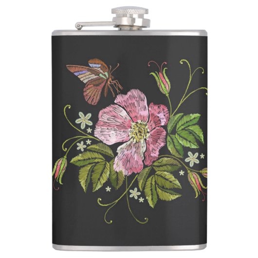 Elegant Floral Embroidery Pattern Black Background Heupfles (Voorkant)