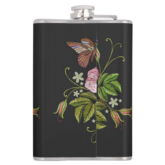 Elegant Floral Embroidery Pattern Black Background Heupfles (Achterkant)