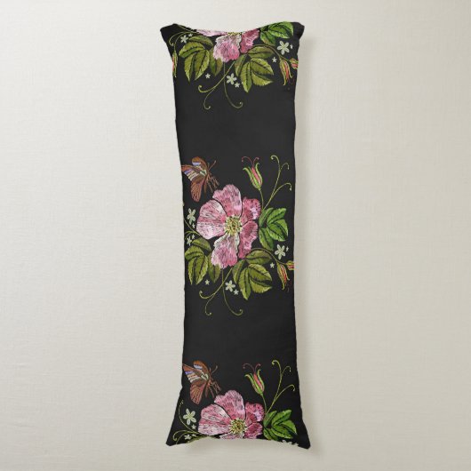 Elegant Floral Embroidery Pattern Black Background Lichaamskussen (Voorkant Verticaal)