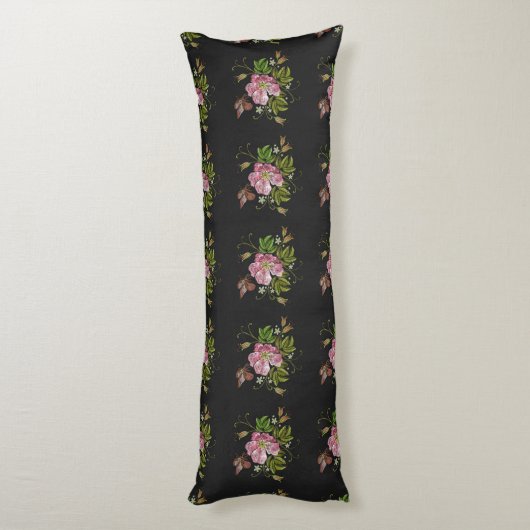 Elegant Floral Embroidery Pattern Black Background Lichaamskussen (Achterkant (Verticaal))