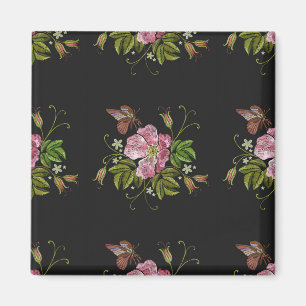 Elegant Floral Embroidery Pattern Black Background Magneet