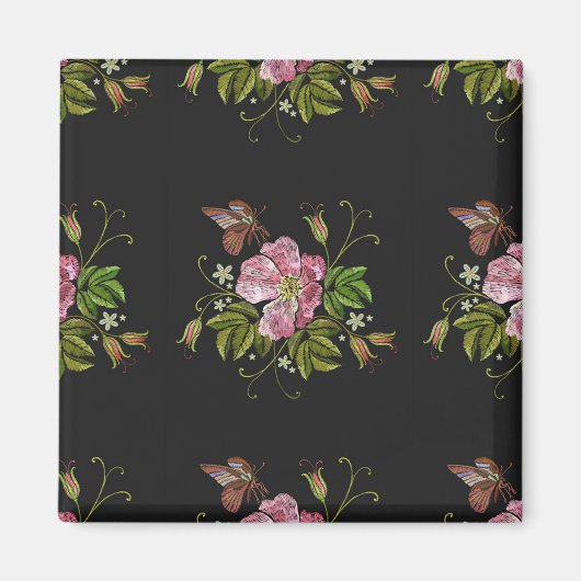 Elegant Floral Embroidery Pattern Black Background Magneet (Voorkant)