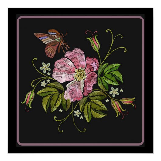 Elegant Floral Embroidery Pattern Black Background Perfect Poster (Voorkant)