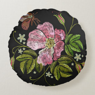 Elegant Floral Embroidery Pattern Black Background Rond Kussen