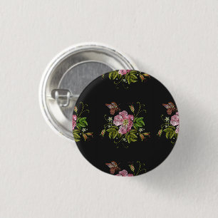 Elegant Floral Embroidery Pattern Black Background Ronde Button 3,2 Cm