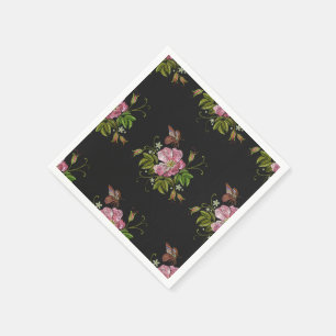 Elegant Floral Embroidery Pattern Black Background Servet