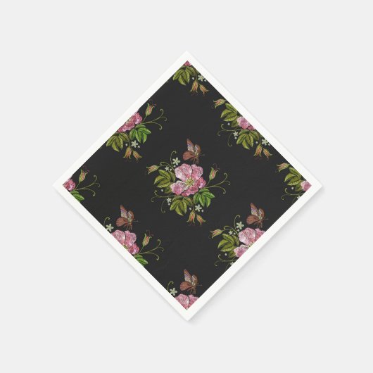 Elegant Floral Embroidery Pattern Black Background Servet (Hoek)