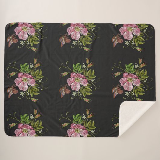 Elegant Floral Embroidery Pattern Black Background Sherpa Deken (Voorkant (horizontaal))