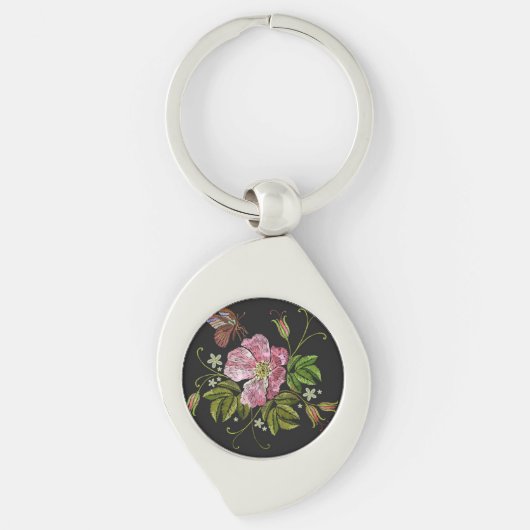 Elegant Floral Embroidery Pattern Black Background Sleutelhanger (Voorkant)