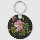 Elegant Floral Embroidery Pattern Black Background Sleutelhanger (Voorkant)