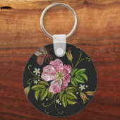 Elegant Floral Embroidery Pattern Black Background Sleutelhanger (Voorkant)