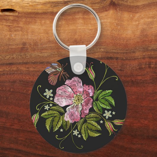 Elegant Floral Embroidery Pattern Black Background Sleutelhanger (Voorkant)