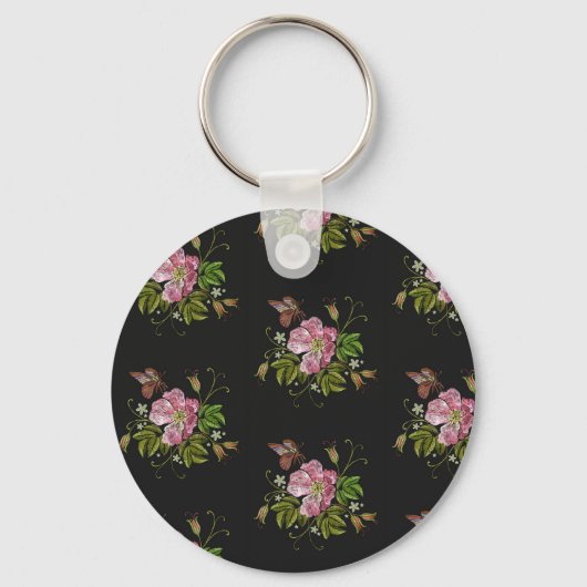 Elegant Floral Embroidery Pattern Black Background Sleutelhanger (Achterkant)