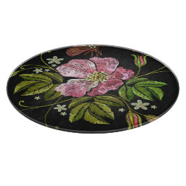 Elegant Floral Embroidery Pattern Black Background Snijplank