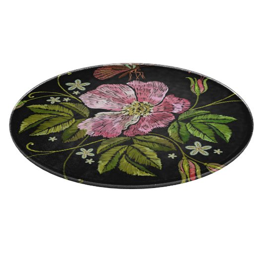 Elegant Floral Embroidery Pattern Black Background Snijplank (Hoek)