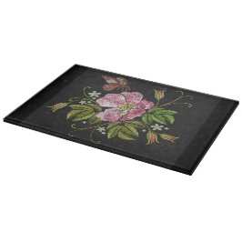 Elegant Floral Embroidery Pattern Black Background Snijplank