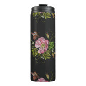 Elegant Floral Embroidery Pattern Black Background Thermosbeker (Voorkant)