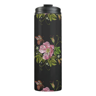 Elegant Floral Embroidery Pattern Black Background Thermosbeker