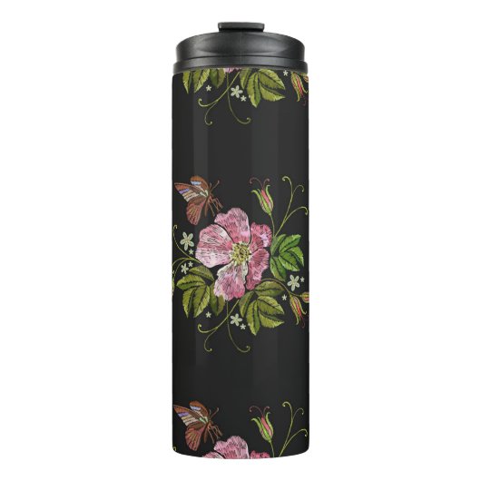 Elegant Floral Embroidery Pattern Black Background Thermosbeker (Voorkant)
