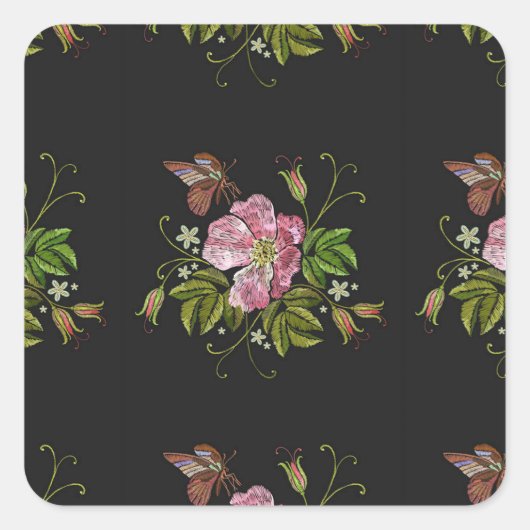 Elegant Floral Embroidery Pattern Black Background Vierkante Sticker (Voorkant)