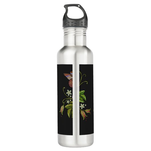 Elegant Floral Embroidery Pattern Black Background Waterfles (Achterkant)