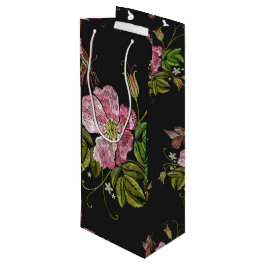 Elegant Floral Embroidery Pattern Black Background Wijn Cadeautas
