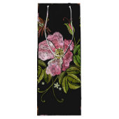 Elegant Floral Embroidery Pattern Black Background Wijn Cadeautas (Achterkant)