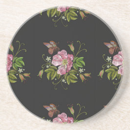 Elegant Floral Embroidery Pattern Black Background Zandsteen Onderzetter