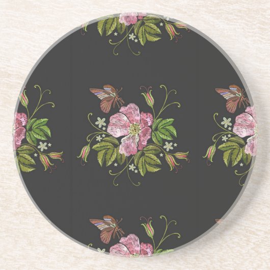 Elegant Floral Embroidery Pattern Black Background Zandsteen Onderzetter (Voorkant)