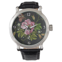 Elegant Floral Embroidery Pattern on Black Backgro Horloge