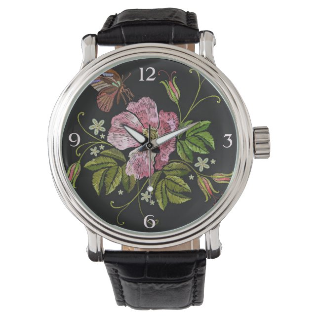 Elegant Floral Embroidery Pattern on Black Backgro Horloge (Voorkant)