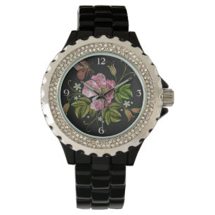 Elegant Floral Embroidery Pattern on Black Backgro Horloge