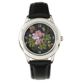 Elegant Floral Embroidery Pattern on Black Backgro Horloge