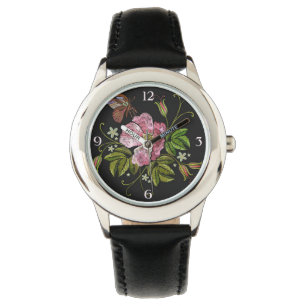 Elegant Floral Embroidery Pattern on Black Backgro Horloge