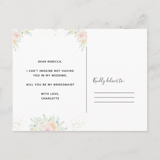 Elegant Floral en goud BRIDESMAID voorstel Uitnodiging Briefkaart (Achterkant)