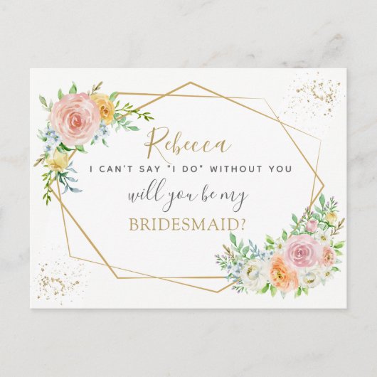 Elegant Floral en goud BRIDESMAID voorstel Uitnodiging Briefkaart (Voorkant)