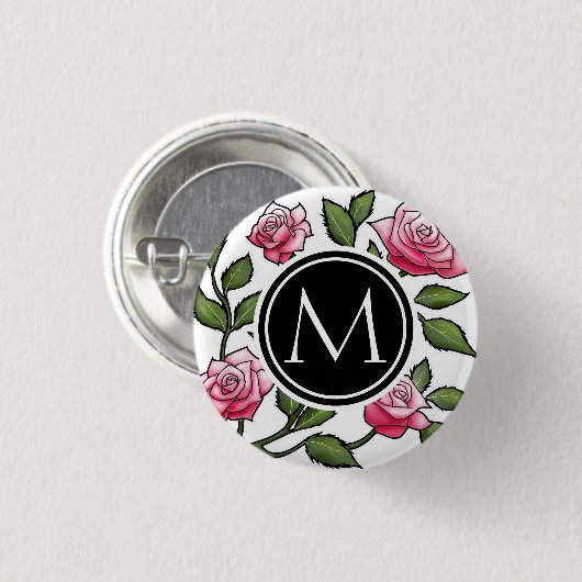 Elegant Floral en Monogram Ronde Button 3,2 Cm (Voorkant /achterkant)