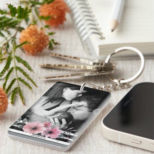 Elegant Floral en Stripes Aangepaste Foto Sleutelhanger (Voorkant Rechts)