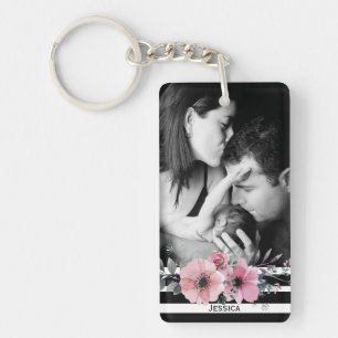 Elegant Floral en Stripes Aangepaste Foto Sleutelhanger