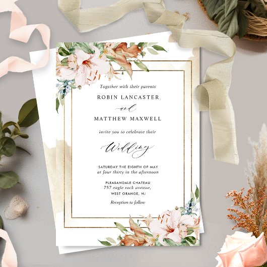 Elegant Floral en Terracotta Waterverf Wedding I Kaart